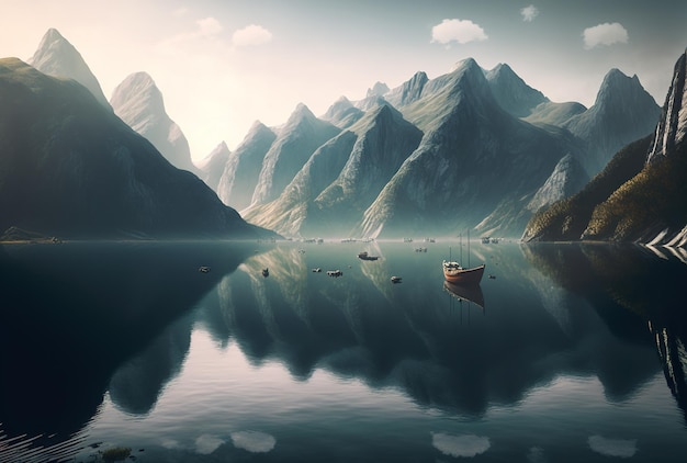 A wide image of a body of water surrounded by mountains with boats on it