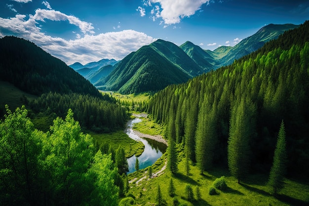 A wide image of mountains covered with green trees can be seen against a cloudy blue sky