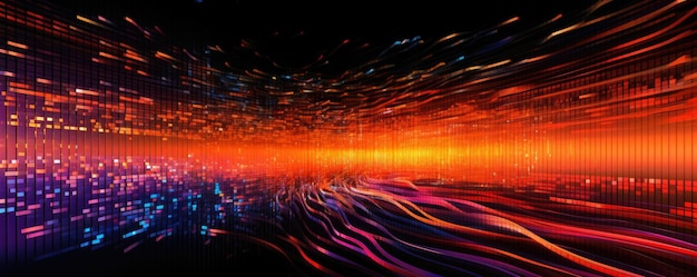 Wide panorama of a digital data stream flowing in a vibrant neon vermillion tone