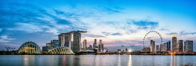 Wide Panorama image of Singapore skyline at dusk