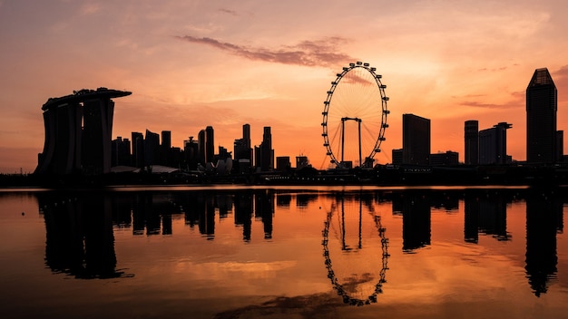 Wide Panorama image of Singapore skyline at sunset time