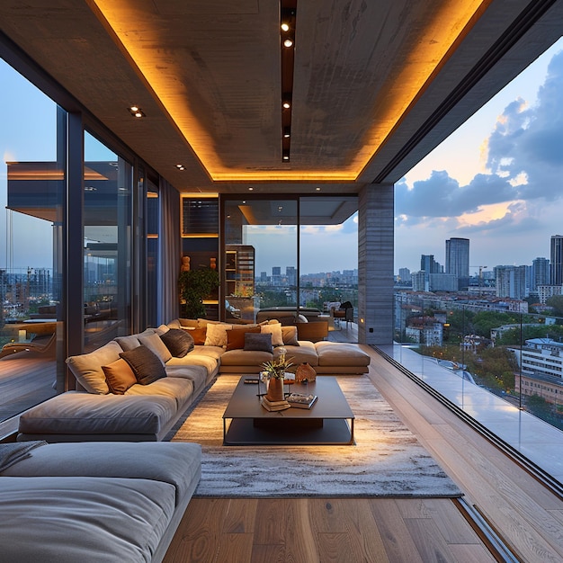 Wide Panoramic View of Modern Apartment Interior with Balcony and Cityscape