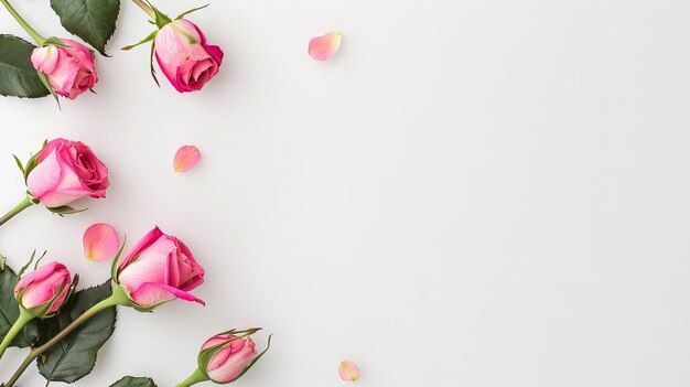 Wide photo of rose makeup items background with white empty space