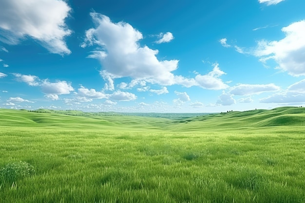 Wide Prairie with Green Grass field and blue sky with white clouds