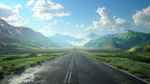 A wide road with grasslands and distant mountains on both side