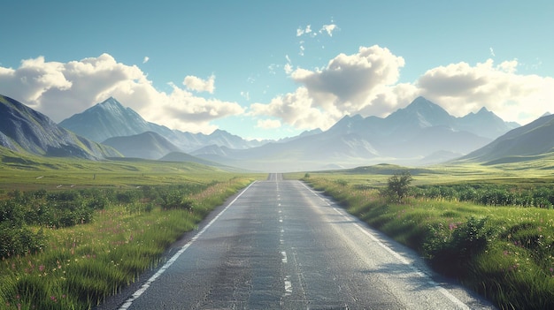 A wide road with grasslands and distant mountains on both side