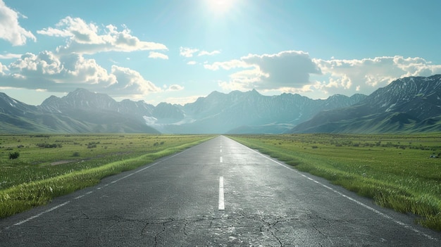 A wide road with grasslands and distant mountains on both side