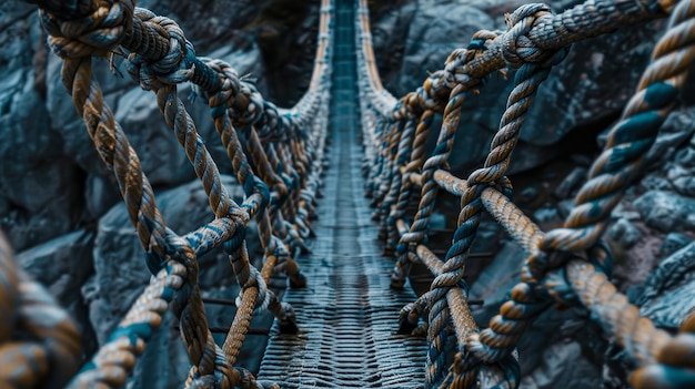 Photo a wide rope bridge over an abyss with detailed textures of the ropes and colorful blots on the