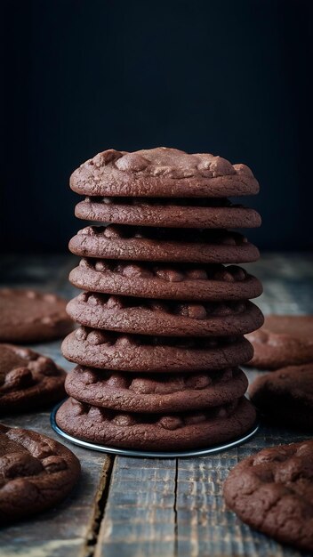 Wide selective closeup shot of a stack of baked chocolate cookies