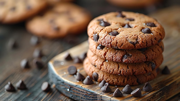 Wide selective closeup shot of a stack of baked chocolate cookies