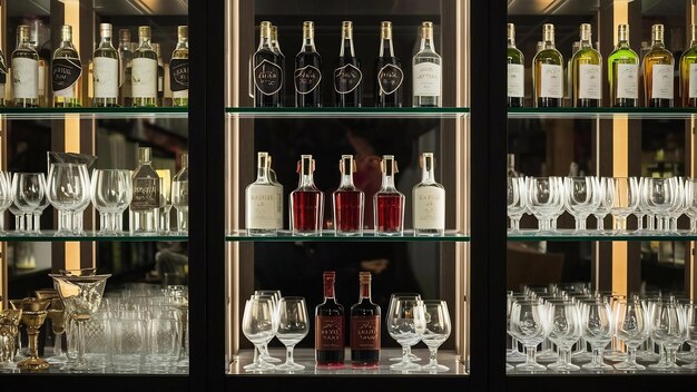 Wide shot of bottles and glasses in display cabinet at a bar in scandic hotel in copenhagen denmar