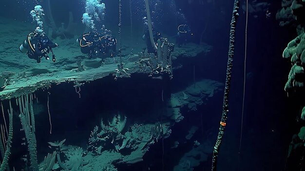 Photo wide shot of cave diving adventure in a submerged cave capturing gear and underwater scene