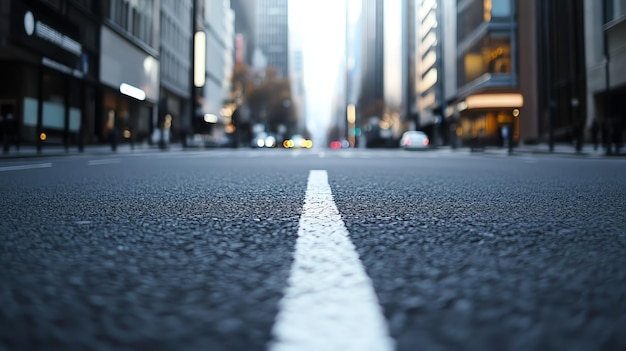 A wide shot of a city street with tall buildings in the background