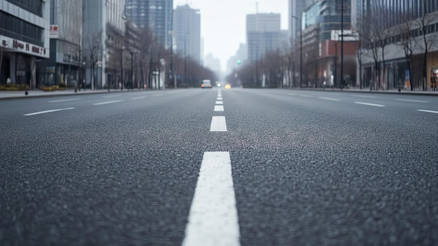 A wide shot of a city street with tall buildings in the background