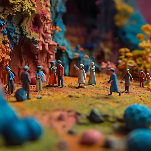 A wide shot of a diorama with very Small figurines microscopic gnearated by AI