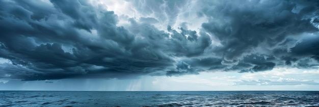 Wide shot of dramatic storm clouds over the ocean signaling an impending storm