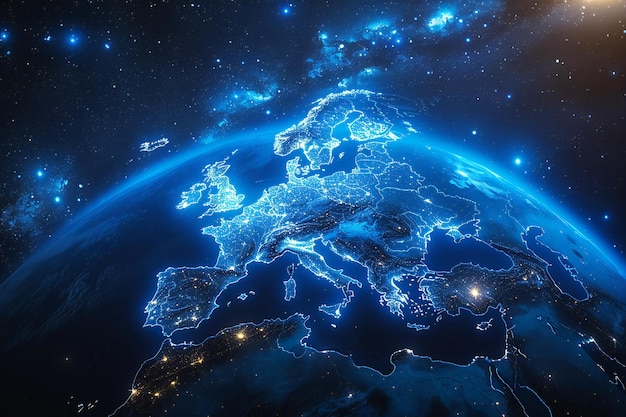 Wide shot of earth from space night time blue lights on the planet europe map outline city light