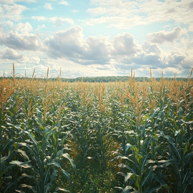 Photo a wide shot of a field of corn stalks reaching towards a blue sky with puffy white clouds