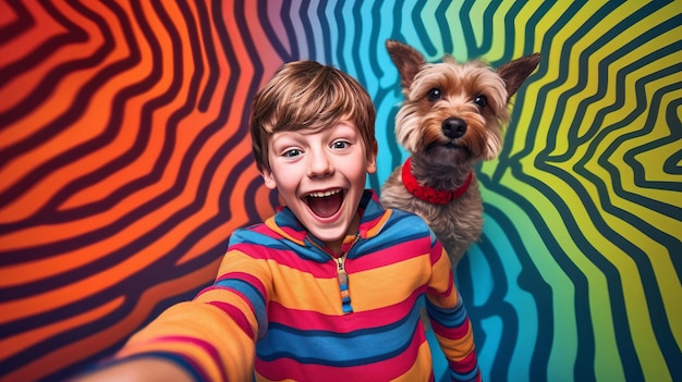 wide shot Front view happy smile boy selfy with a dog color full bright color