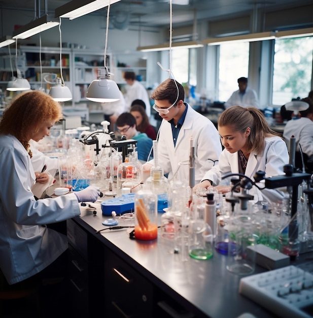 A wide shot of a group of students working at a lab table, education stock images