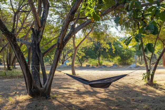 Photo wide shot of a hammock tied between two trees in a camping ground on a cool day