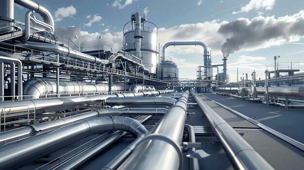 A wide shot of an industrial complex with pipes and tanks