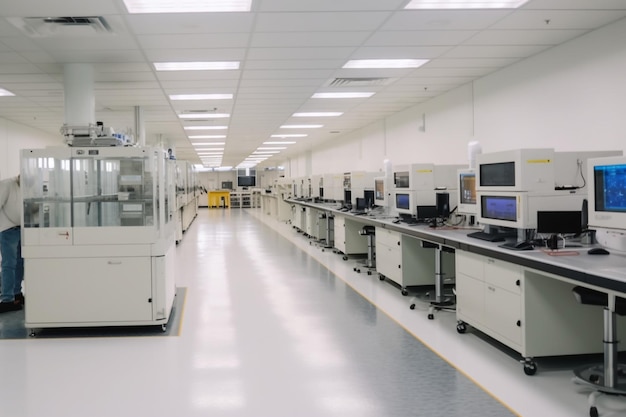 Wide Shot Inside Bright Advanced Semiconductor Production Fab Cleanroom