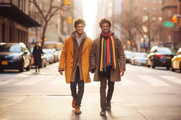 Wide Shot of a Joyful DarkSkinned Gay Couple Holding Hands and Walking Down the Street in Winter Clothes LGBTQ Pride