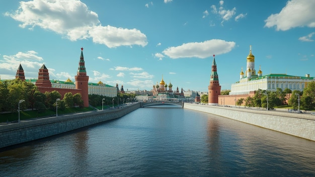 A wide shot of the Kremlin with its iconic red walls towers and domes reflected in the Moskva River on a sunny day