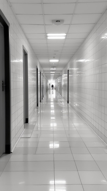 Photo a wide shot of a lobby with polished floors reflecting a large wooden door set and windows with decorative framing