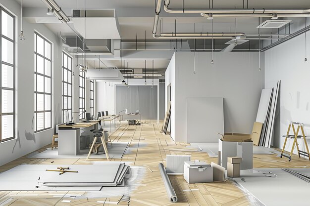 Photo a wide shot of a modern office space during the renovation process showcasing new furniture fresh paint and updated lighting generative ai