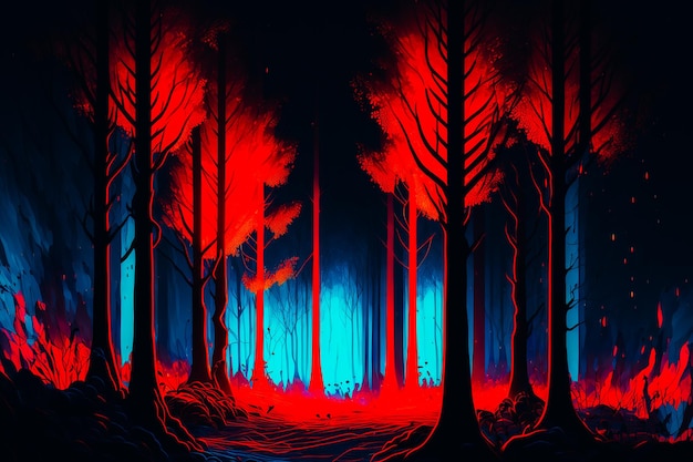 A wide shot of a neonlit forest at night with the vibrant colors illuminating the trees