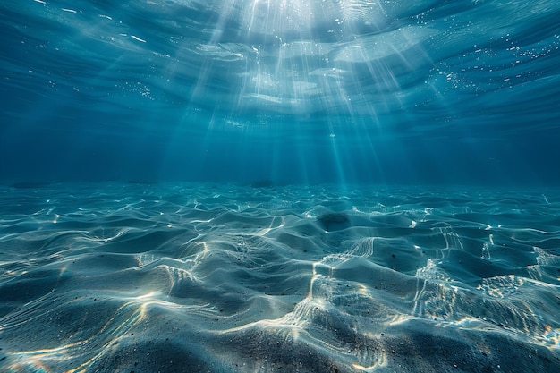 Wide shot of the ocean floor empty and clear with sun beams coming through