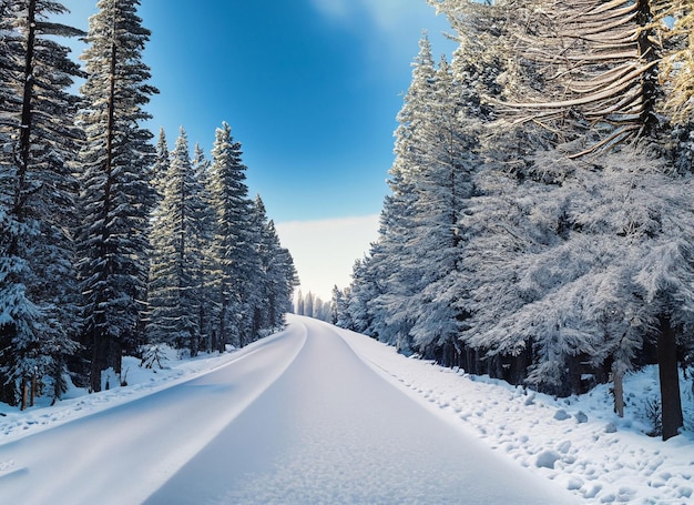 Wide shot of a road surrounded by pine trees with a blue sky in winter