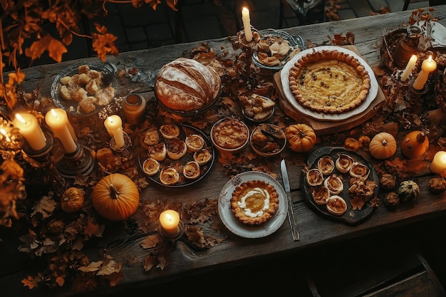 Photo wide shot of a rustic autumn feast laid out on a wooden table featuring dishes like apple tarts