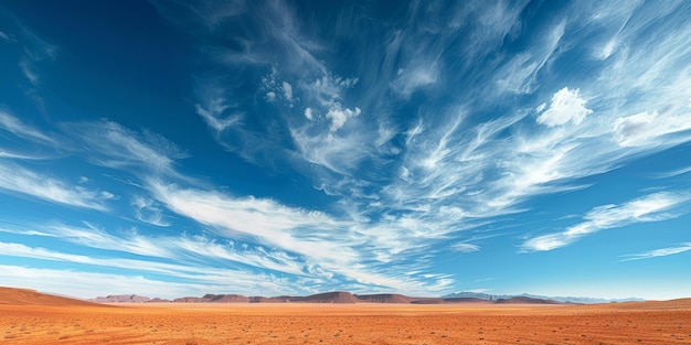 Wide shot of vast arid desert landscape with blue sky and wispy clouds