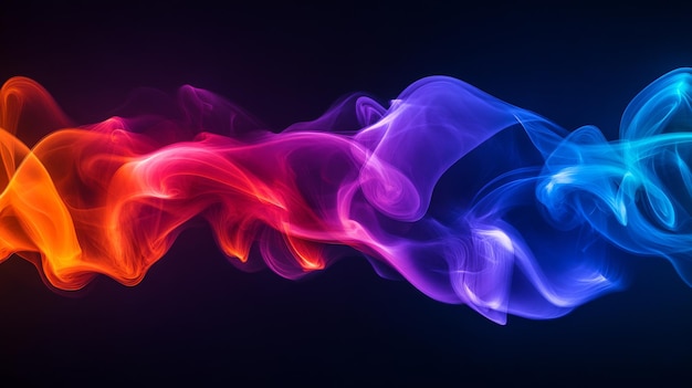 Photo wide shot of vibrant colored smoke swirling in the air creating an abstract and dynamic scene with rich hues blending together against a dark background