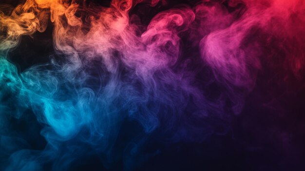 Photo wide shot of vibrant colored smoke swirling in the air creating an abstract and dynamic scene with rich hues blending together against a dark background