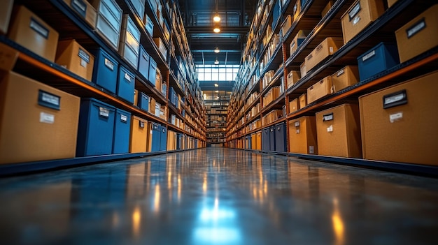 Photo a wide shot of a warehouse aisle with rows of cardboard boxes stacked on shelves the floor is polished concrete and reflects the light from the ceiling