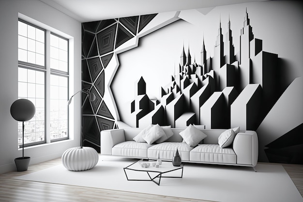 Wide Shot White Room On Wall With City Pattern In Geometry Generative AI