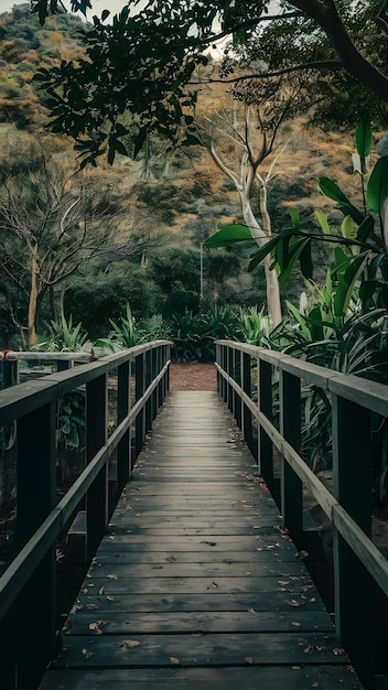 Wide shot of a wooden bridge surrounded by trees and green plants