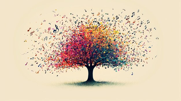 Wide tree with colorful musical notes lively and abstract