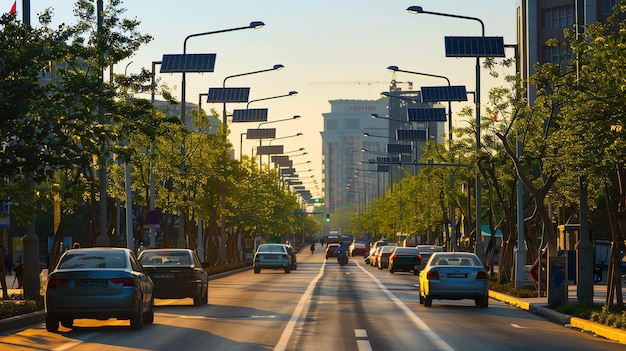 A wide treelined street with a bike lane and solar powered street lights