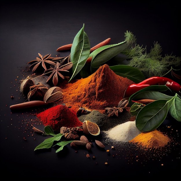 Wide variety spices and herbs on background of black table with empty spacegenerative ai