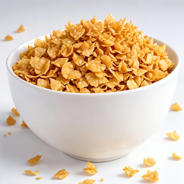 A wide view of a cluster of golden corn flakes texture and irregular shape gently piled on a prist