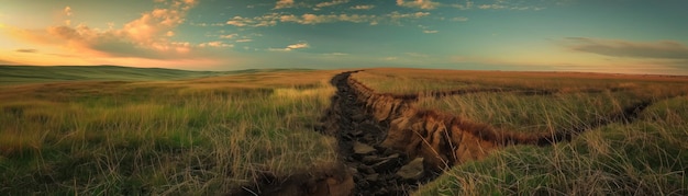 Wide view of a fissure in an open field dusk fissure landscape sunset open field nature crack