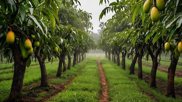 Photo wide view of mango plantation with light rain and drops on leaves and fruit