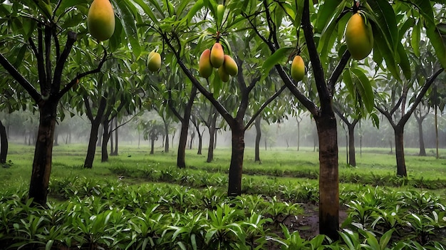 Wide view of mango plantation with light rain and drops on leaves and fruit