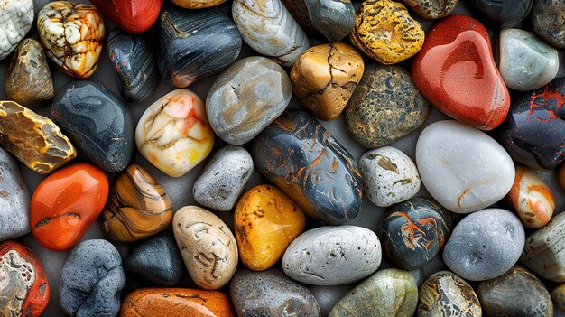 Photo wide view of polished pebbles in varied colors and sizes evoking riverbed or beach scene