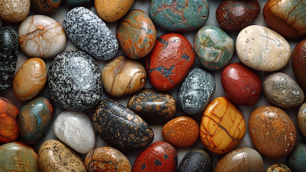 Photo wide view of polished pebbles in varied colors and sizes evoking riverbed or beach scene